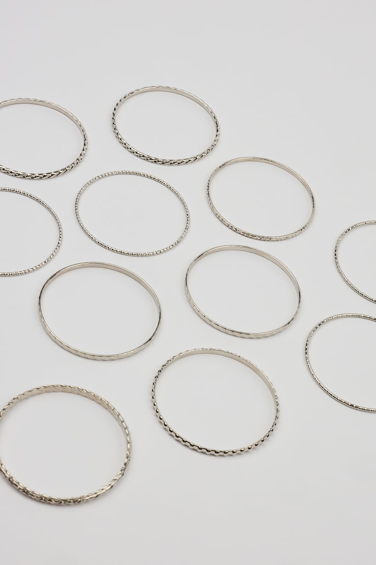 Set of 11 Textured Bangles, Silver, large