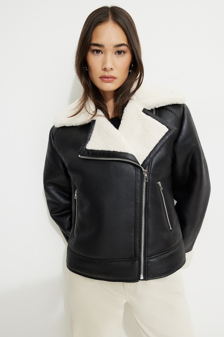 Sherpa Faux Leather Aviator Jacket Jet Black/Rainy Day large
