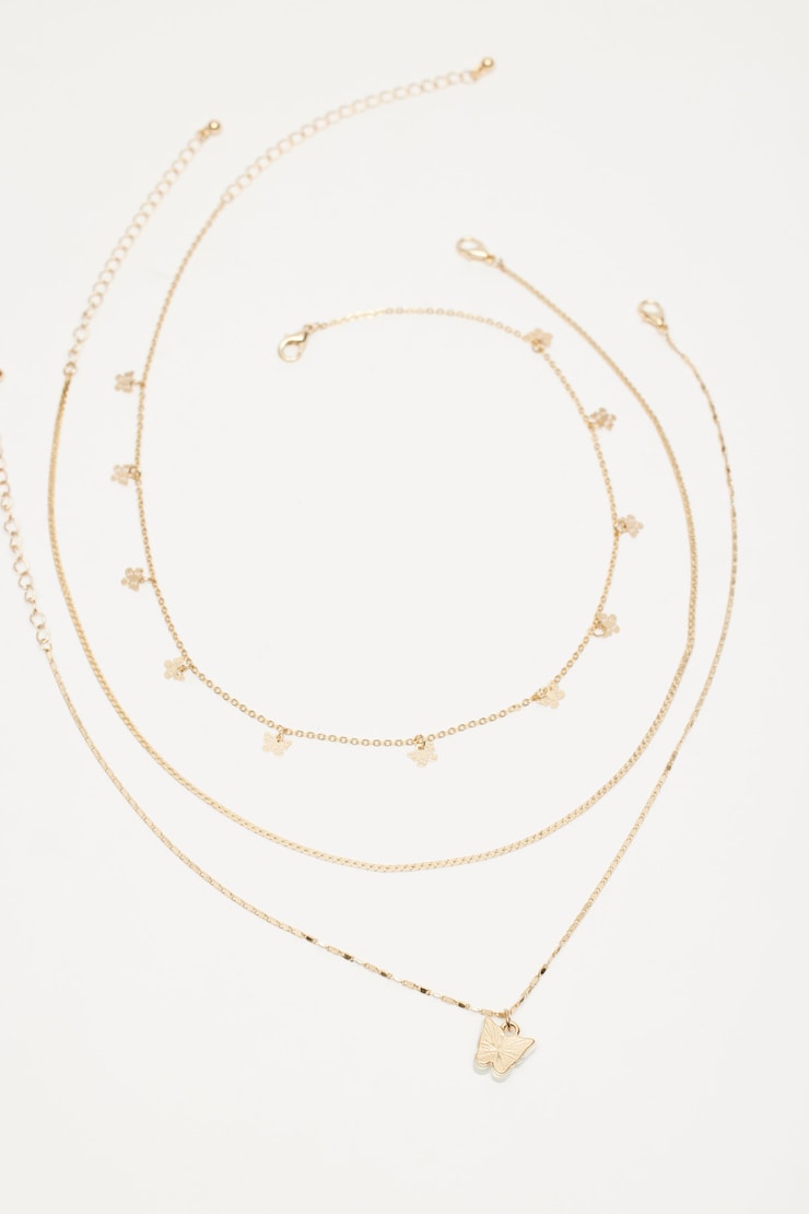 Ensemble de 3 colliers avec mini papillons, Or, large