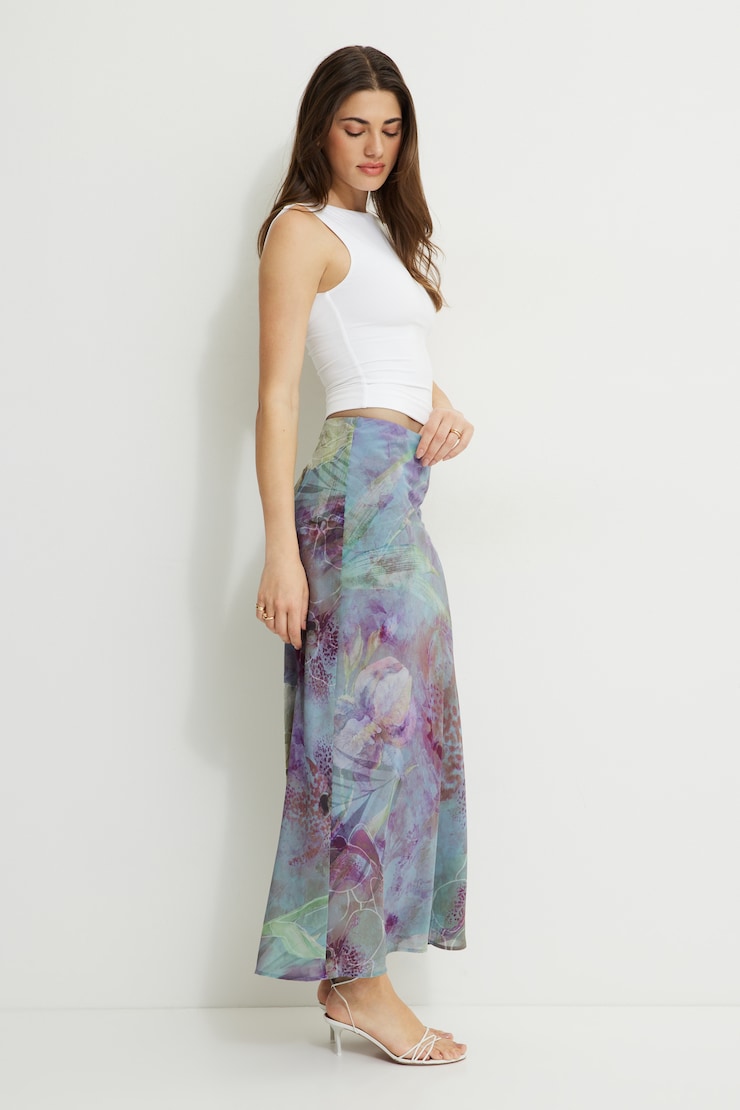 Jupe maxi imprimée style sirène Fleur verte et mauve abstraite large