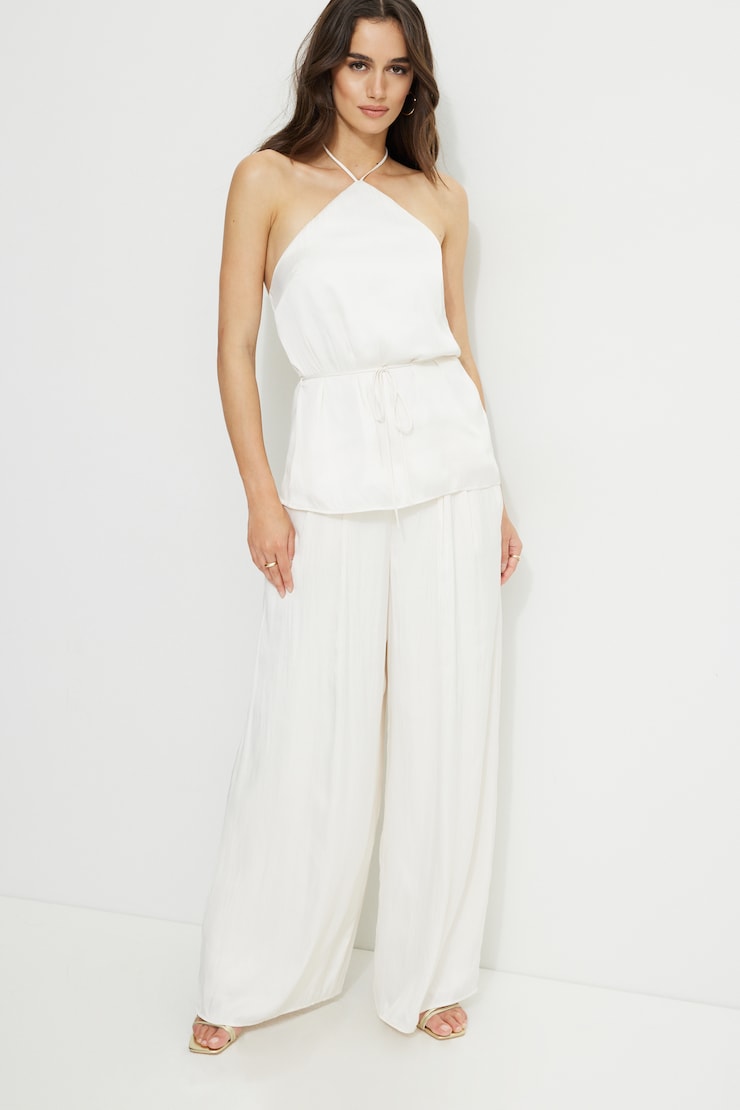 Tie Waist Satin Halter Top Sea Salt Off White large