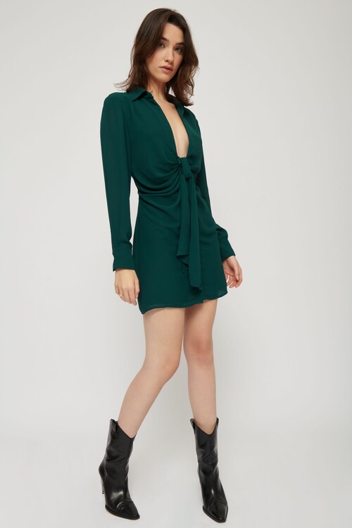 deep v shirt dress Deep V Neck Surplice Satin Shirt Dress