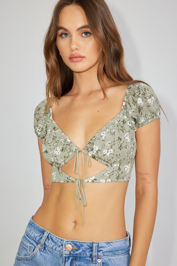 Clara Crop Top, Seagrass Floral Green, large