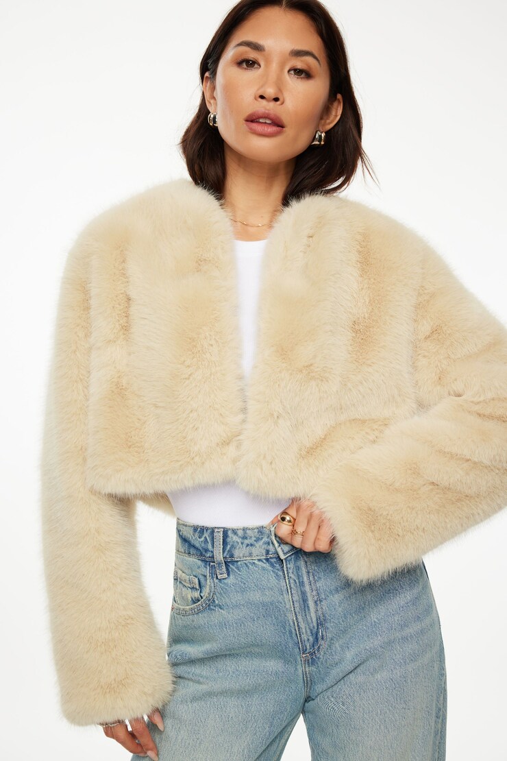 Faux Fur Cropped Jacket Almond Cookie large