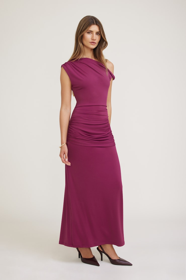Sculpt Draped Off Shoulder Maxi Dress Pink | Dynamite