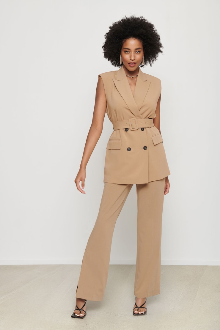 Billie Sleeveless Belted Vest Tan Brown large