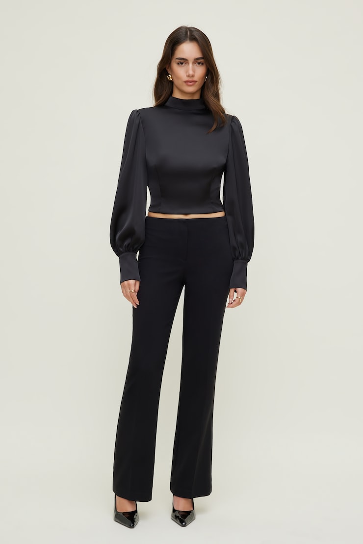 Open Back Satin Blouse Black | Dynamite