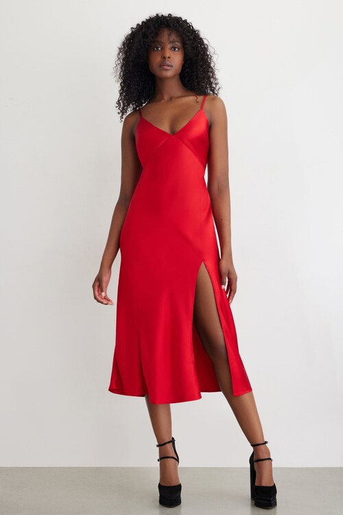 open lace back dress Jordy Coral-Red Satin Midi Dress W/ Slit main image 1