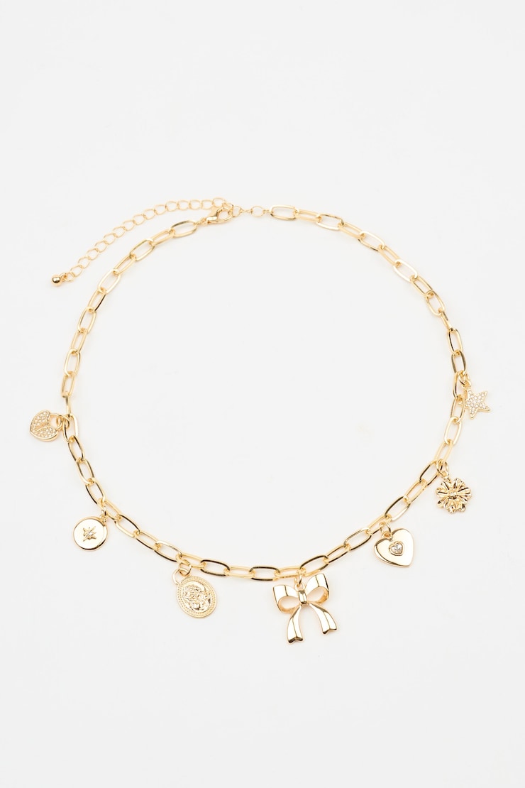 7 Charm Paperclip Necklace, Clear/Gold, large