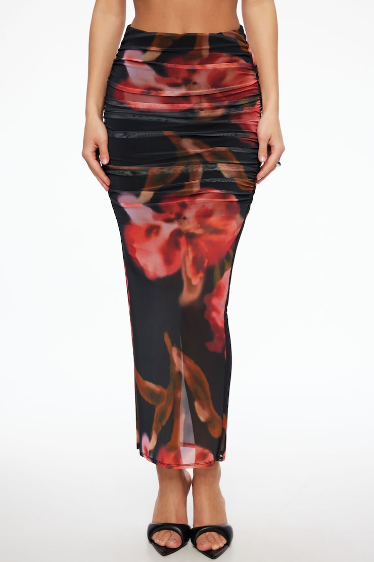 Ruched Mesh Maxi Skirt Black & Pink Floral large