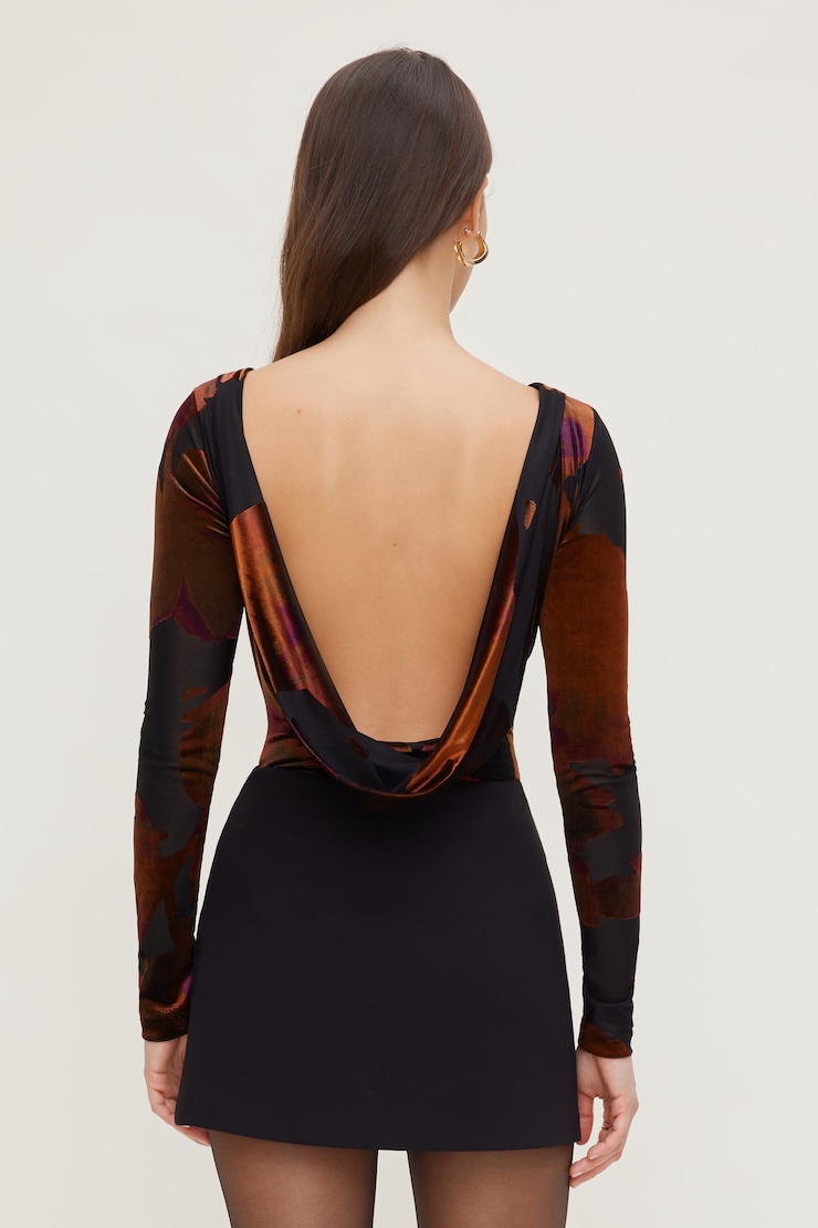 Burnout Cowl Back Bodysuit Red Burnout w/ Black large