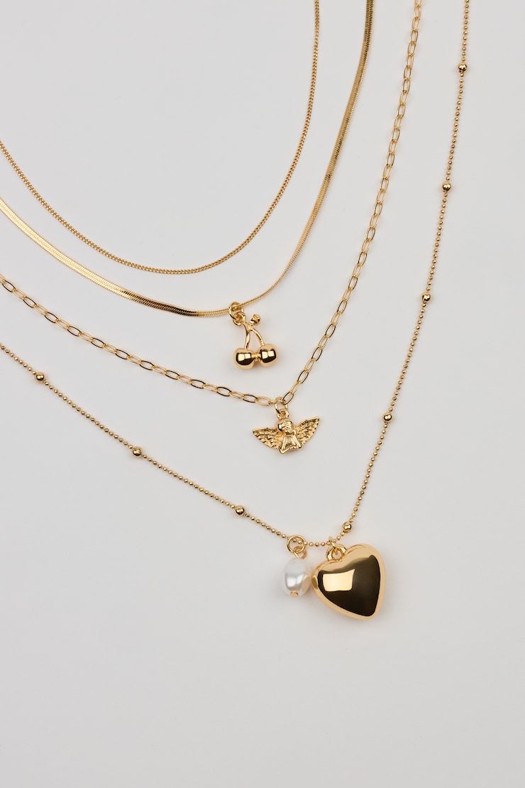 Set of 4 Angel and Cherry Pendant Necklaces, Gold, large