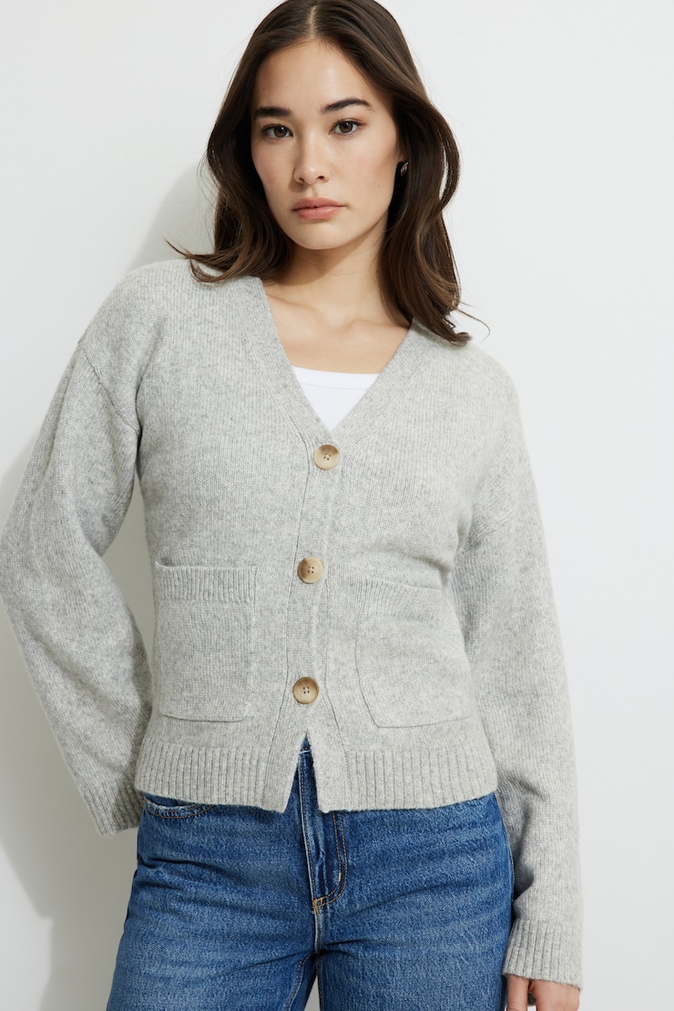 V Neck Button Cardigan Gray | Dynamite
