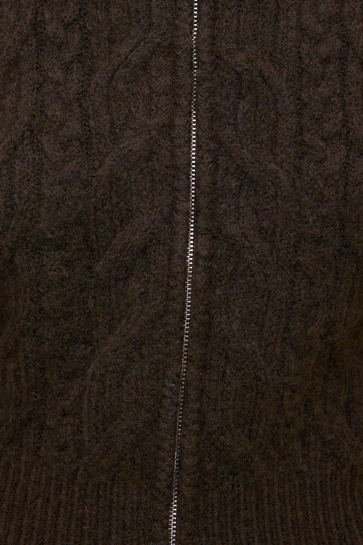 Cable Knit Zip Up Sweater Brown | Dynamite