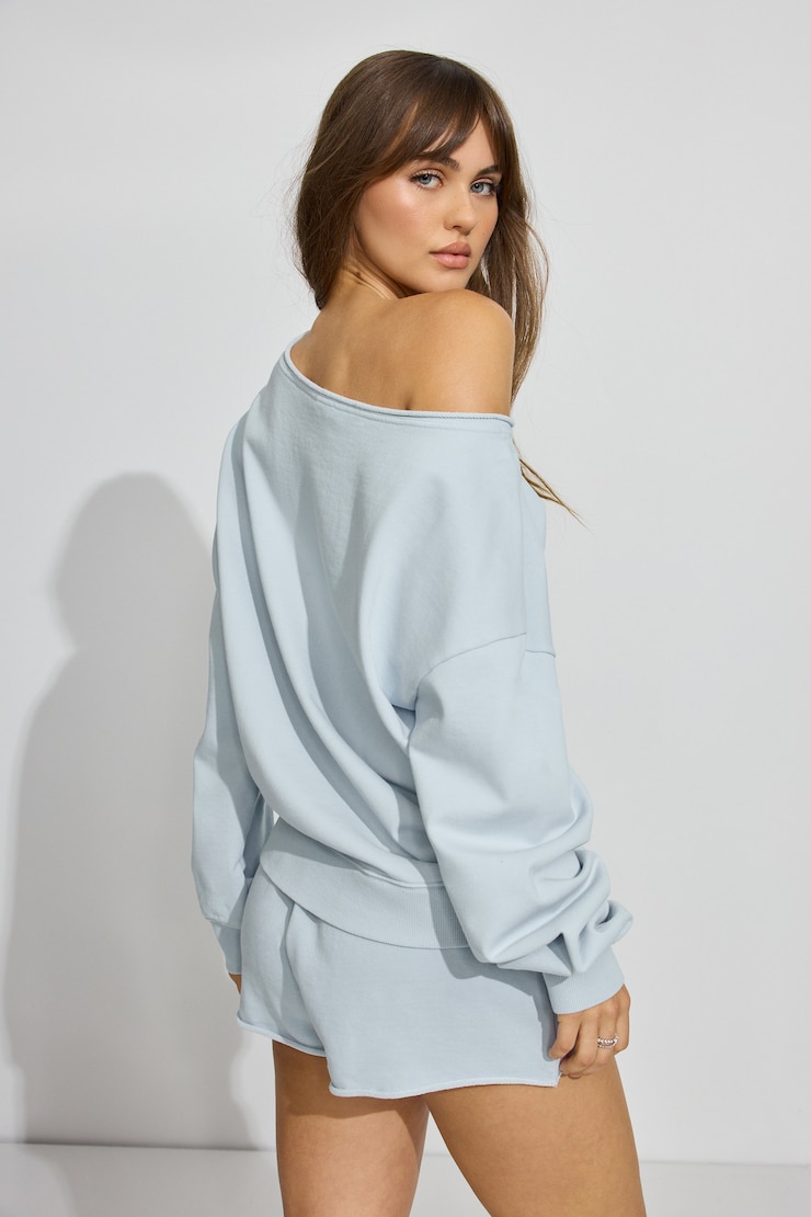SoftTerry Off Shoulder Sweatshirt, Soft Blue with "Hamptons" Art, large
