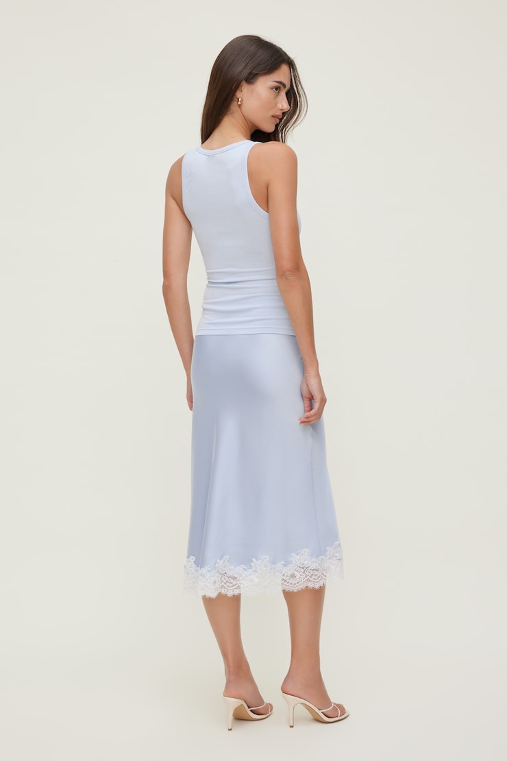 Jupe midi en satin et dentelle Bleu chiné large