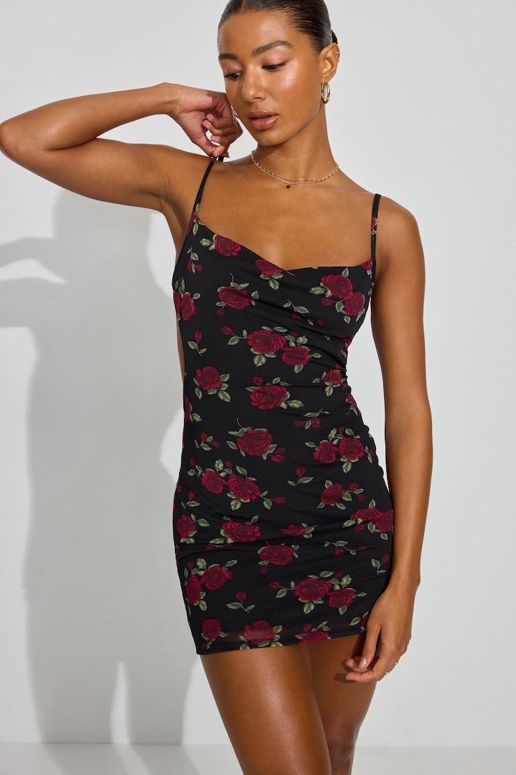 Nikky Cutout Mini Dress, Black/Red Rose Print, large