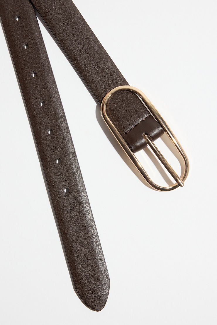Oval Slim Faux Leather Belt Dark Brown / Gold large
