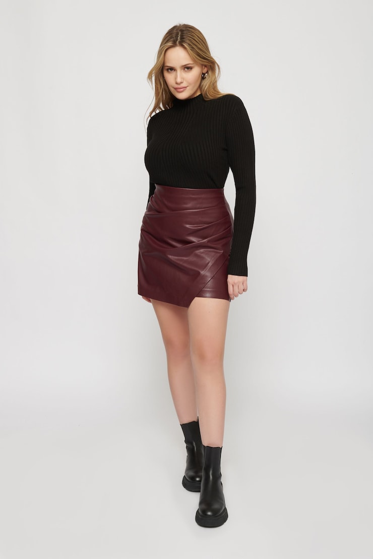 Calvin Ruched Faux Leather Skirt Wine Red large