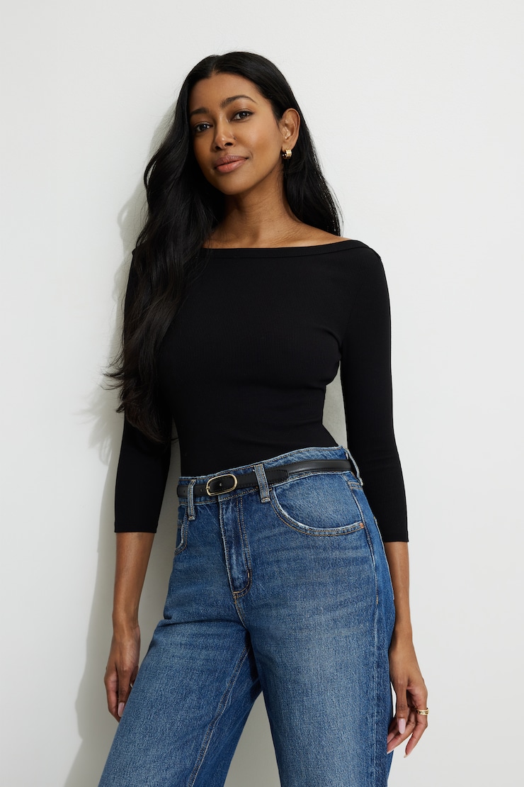 Ribbed Three Quarter Sleeve T Shirt Jet Black large
