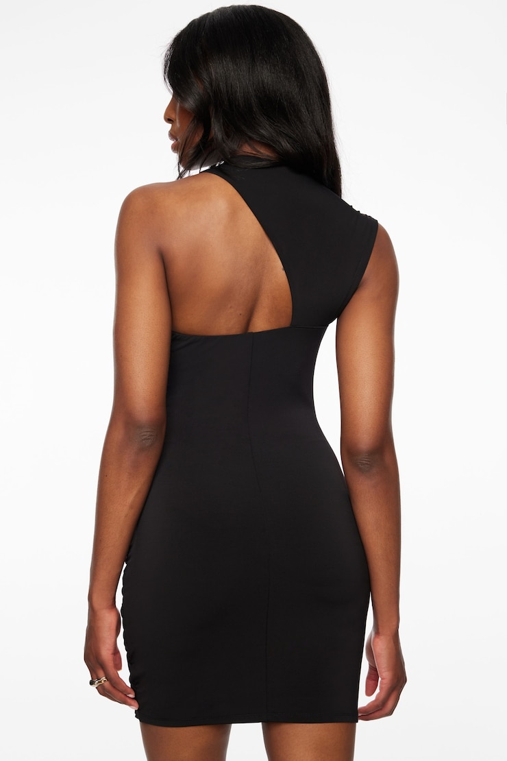 Asymmetrical Ruched Mini Dress  Jet Black  large