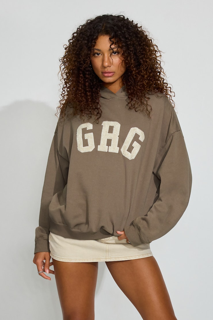 UltraFleece Hoodie, Wild Mushroom Brown with Chenille "Garage" Varsity Logo , large
