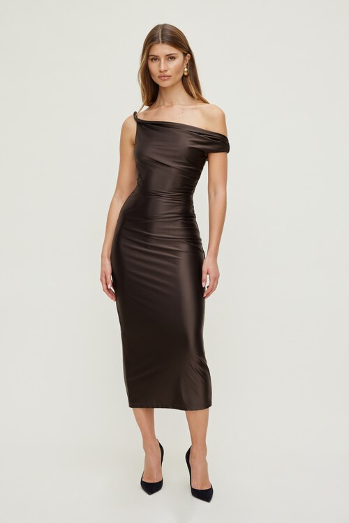 Jayde Stretch Satin Maxi Dress Brown | Dynamite