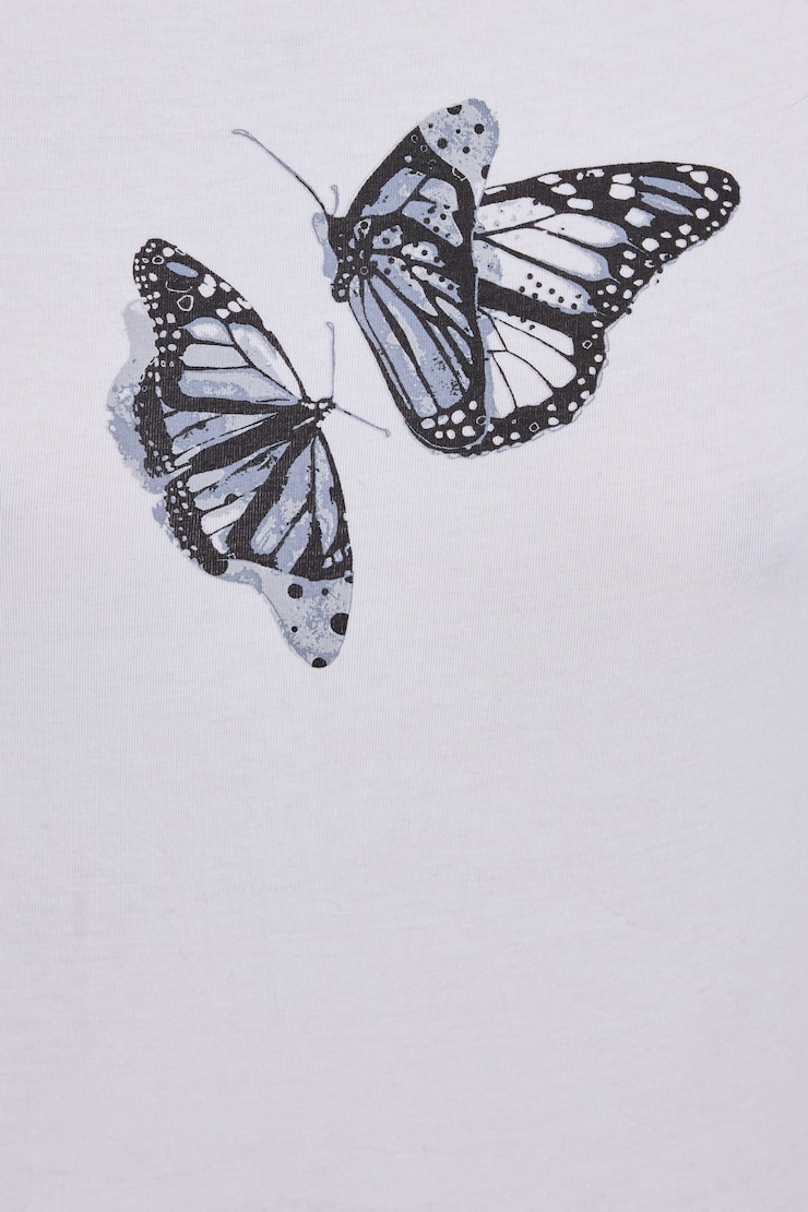 Estelle Longline Tee - Test July 14, Bright White with "Butterfly" Art, large