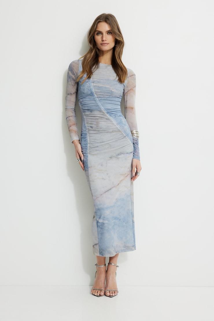 Shirred Mesh Maxi Dress Multicolor Marble large