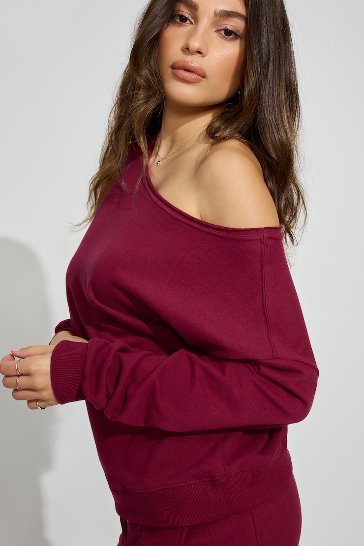 SoftTerry Off Shoulder Sweatshirt, Sour Cherry Burgundy, large