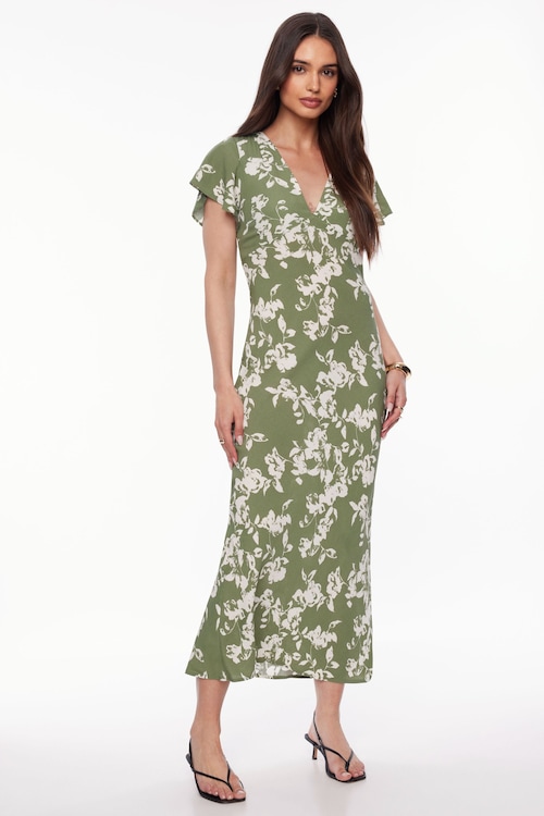 floral satin maxi dress dynamite Floral Ruffle V Neck Maxi Dress Pink
