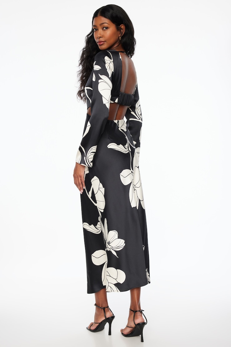 Cutout Slip Satin Maxi Dress Black & White Floral large