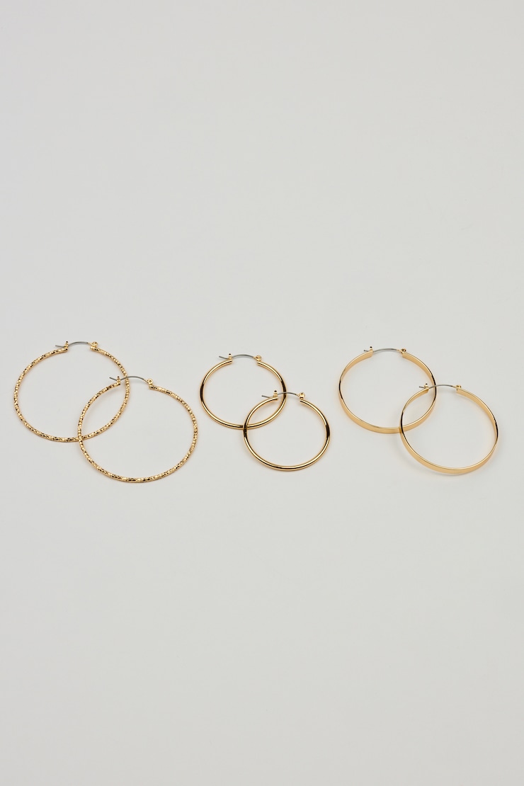 Ensemble de 3 paires d’anneaux lisses et texturés, Or, large