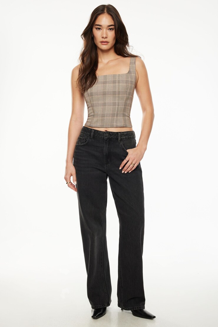 Karla Square Neck Corset Top Brown and Beige Plaid large