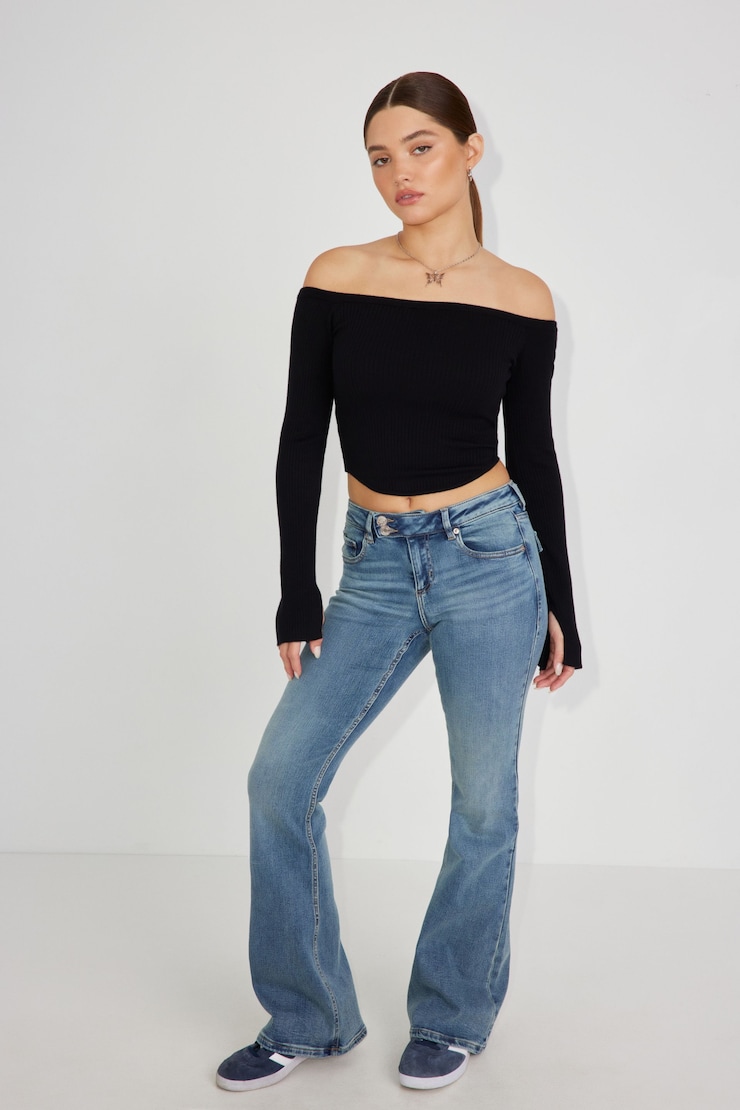 Corset Hem Off Shoulder Top, Jet Black, large