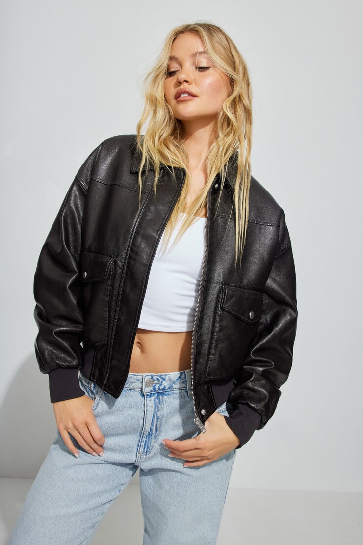 Washed Faux Leather Bomber, Chocolate Plum, large