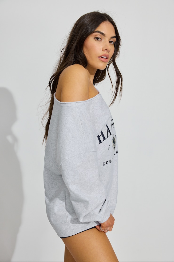 SoftTerry Off Shoulder Sweatshirt, Spring Grey Mix with "Hamptons" Art, large
