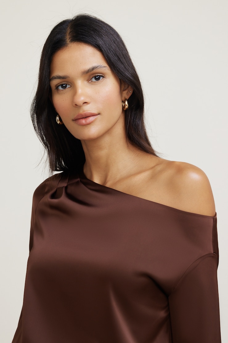 Off Shoulder Satin Blouse Brown | Dynamite