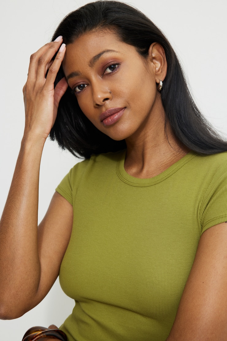 Olive Ribbed Crewneck T Shirt