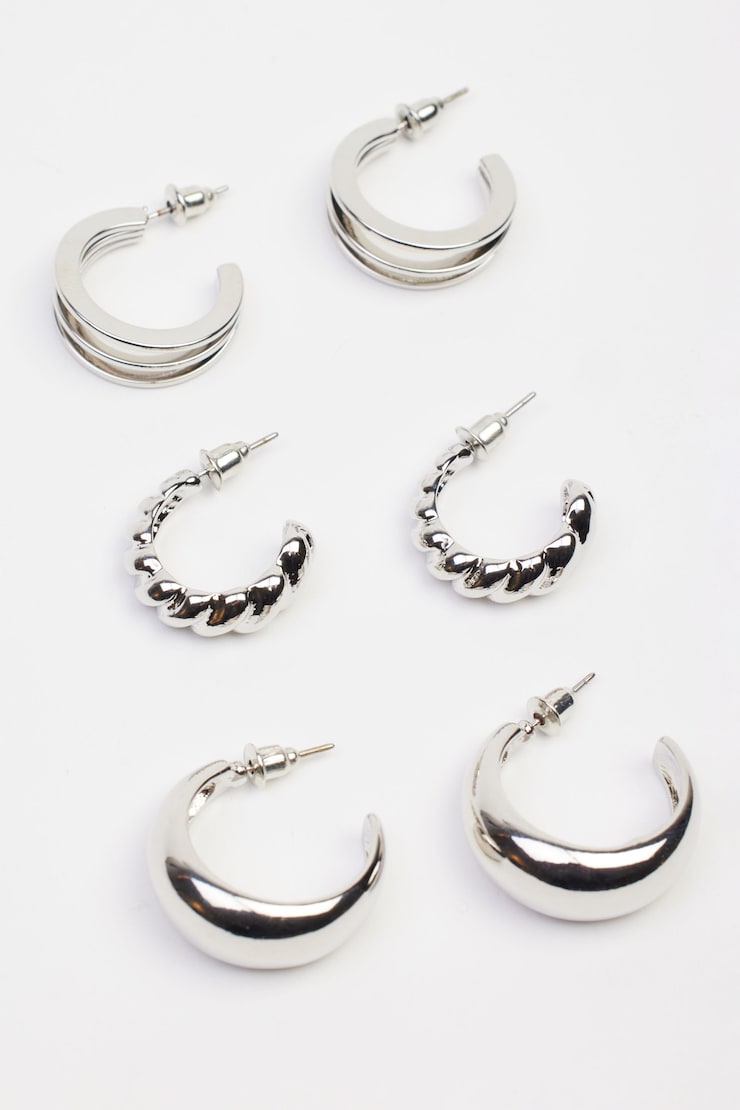 3 Pack Textured Hoop Earrings, Silver, large