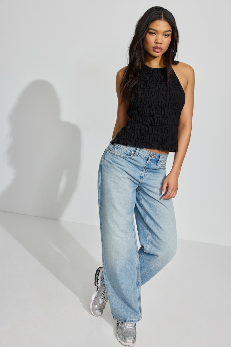 Smocked Boatneck Cami Top Black | Garage