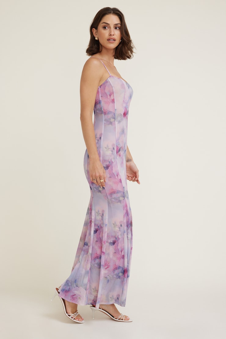 Dahlia Scoop Neck Mermaid Maxi Dress Pink Watercolor Flowers large