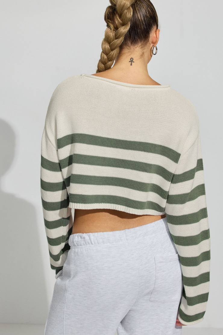Supersoft Boatneck Sweater, Snow White/Ocean Green Stripes, large