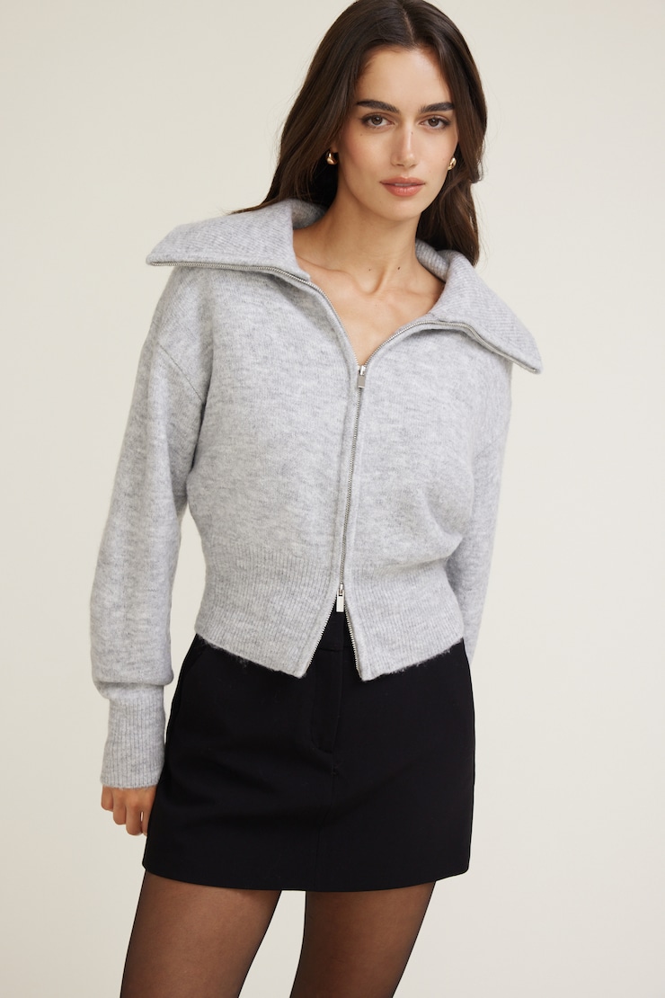 Cardigan à col large et fermeture éclair Mélange gris pâle large