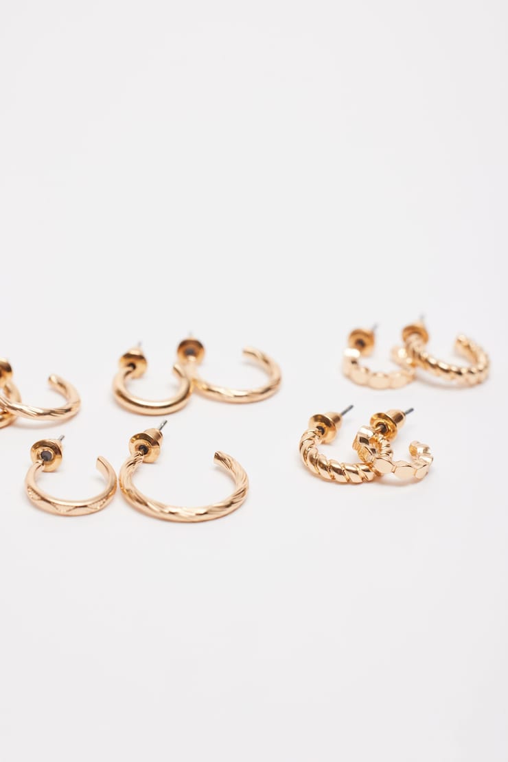 6 Pack Textured Huggies & Hoop Earrings, Gold, large