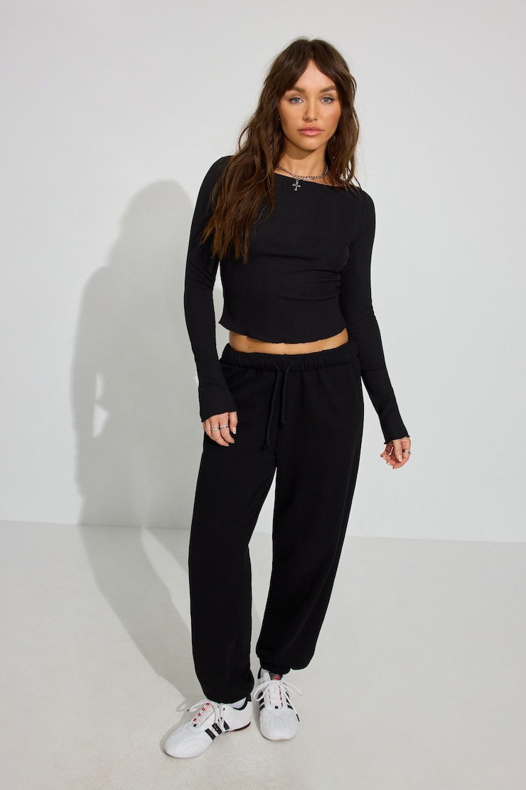 Long Sleeve Boatneck Top, Jet Black, large