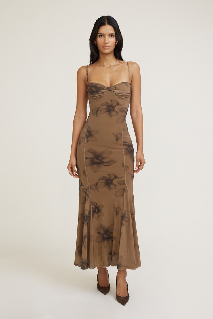 Monet Mesh Maxi Dress Brown Floral large