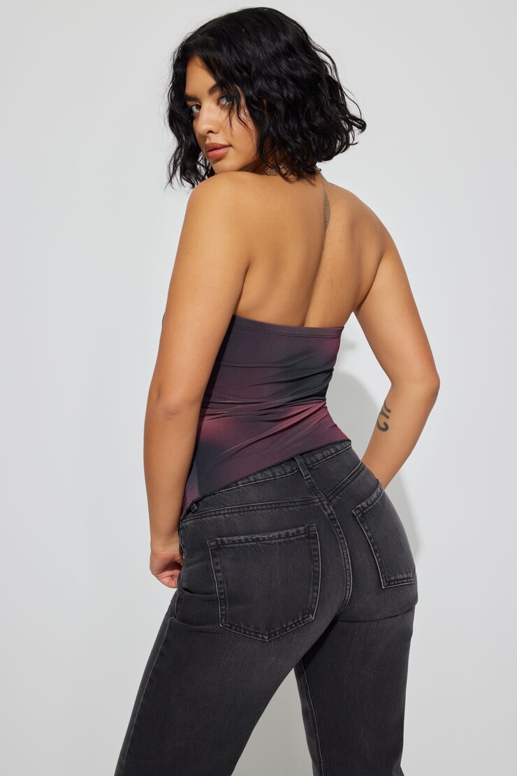 Shirred Asymmetric Tube Top, Magenta Blur, large