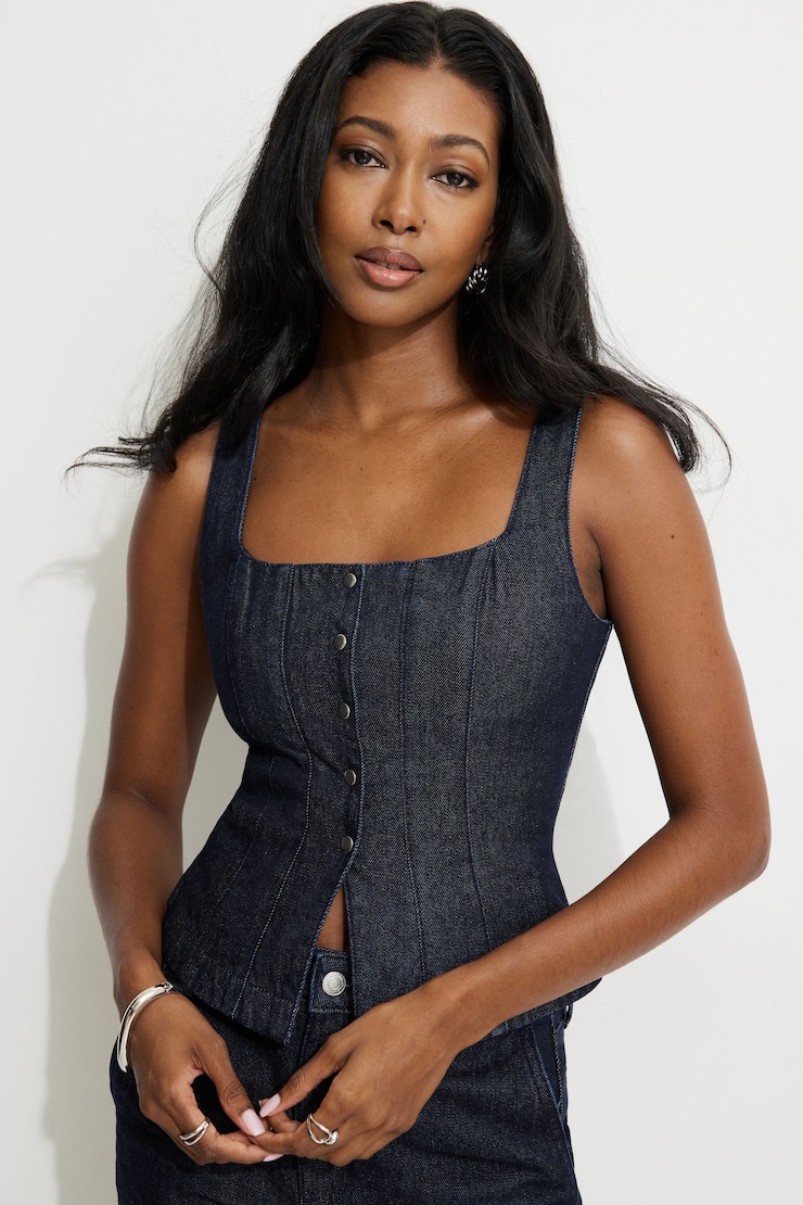 Snap Front Denim Corset Top Indigo/Dark large