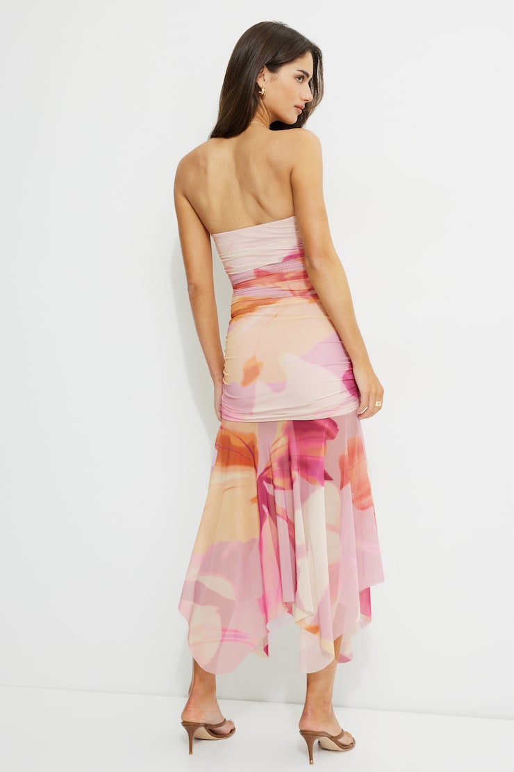 Robe tube maxi froncée en maille Fleuri rose joyeux large